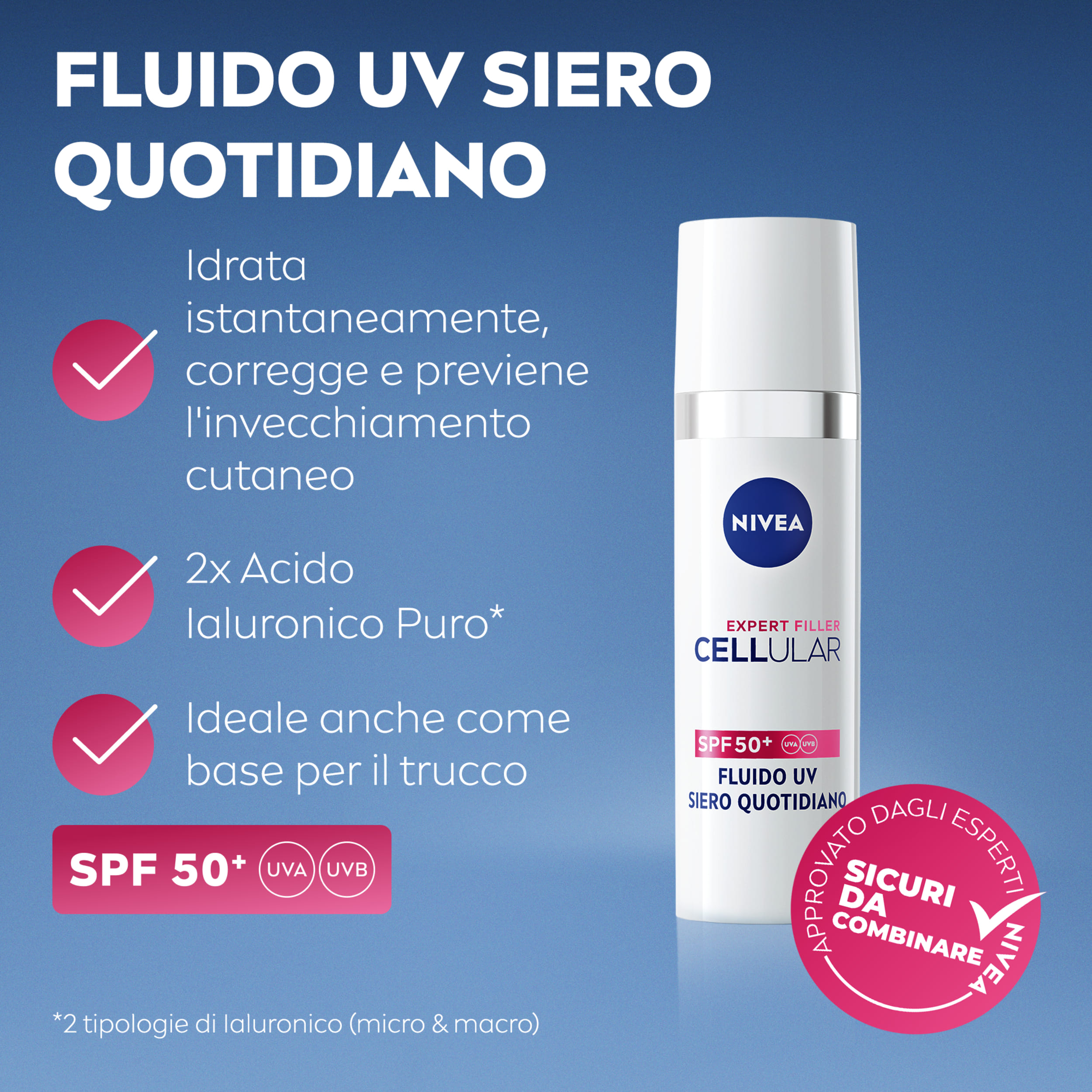 Nivea Cellular Expert Filler Fluido UV Siero Viso Quotidiano SPF 50 + 30 ml, idratante e antirughe