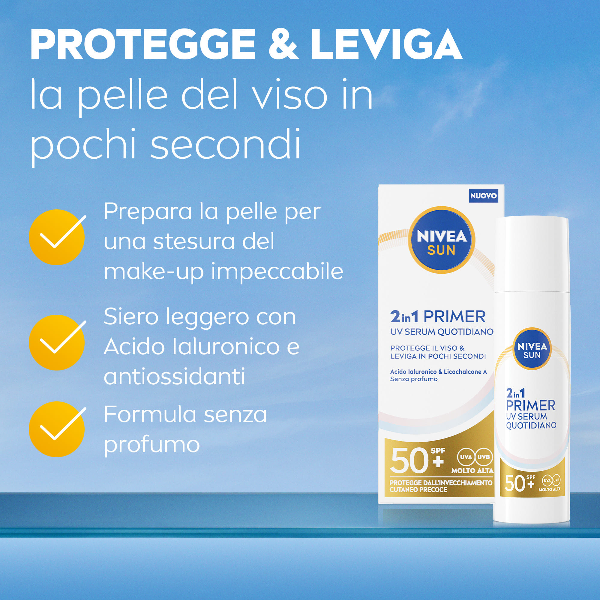 Nivea Sun 2in1 Primer UV Serum Quotidiano SPF50+ 30 ml, Siero viso con protezione solare SPF 50+
