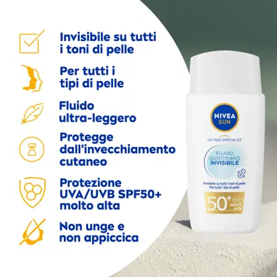 Nivea Sun Fluido Quotidiano Invisibile SPF 50+ 40 ml, Crema solare viso SPF 50+ invisibile e leggera Nivea Sun Fluido Quotidiano Invisibile SPF 50+ 40 ml, Crema solare viso SPF 50+ invisibile e leggera