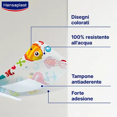Hansaplast Aqua Protect Kids, Cerotti bambini colorati resistenti all'acqua, 20 pezzi in 2 formati Hansaplast Aqua Protect Kids, Cerotti bambini colorati resistenti all'acqua, 20 pezzi in 2 formati