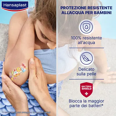 Hansaplast Aqua Protect Kids, Cerotti bambini colorati resistenti all'acqua, 20 pezzi in 2 formati Hansaplast Aqua Protect Kids, Cerotti bambini colorati resistenti all'acqua, 20 pezzi in 2 formati