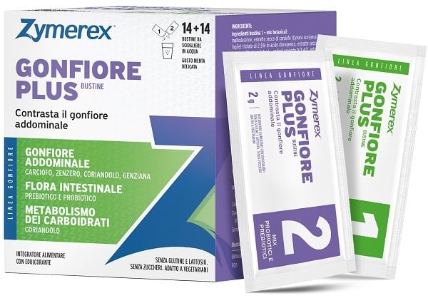 Zymerex GONFIORE PLUS | 14+14 bustine | Gonfiore addominale | Probiotici e prebiotici | Equilibrio flora intestinale | Metabolismo carboidrati | Senza glutine, lattosio e zuccheri | Adatto vegetariani-image