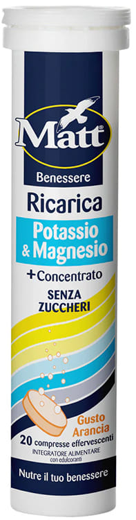 MATT RICARICA POTASSIO & MAGNESIO 20 COMPRESSE EFFERVESCENTI GUSTO ARANCIA SENZA ZUCCHERI CON EDULCORANTE SENZA GLUTINE