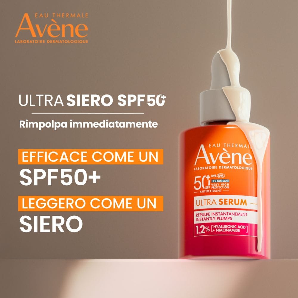 Eau Thermale Avène Ultra Siero SPF50+, Rimpolpa Immediatamente, Protezione solare viso molto alta, con Acido Ialuronico e Niacinamide, 30ml