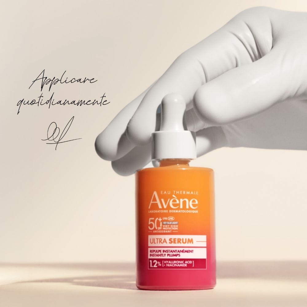 Eau Thermale Avène Ultra Siero SPF50+, Rimpolpa Immediatamente, Protezione solare viso molto alta, con Acido Ialuronico e Niacinamide, 30ml