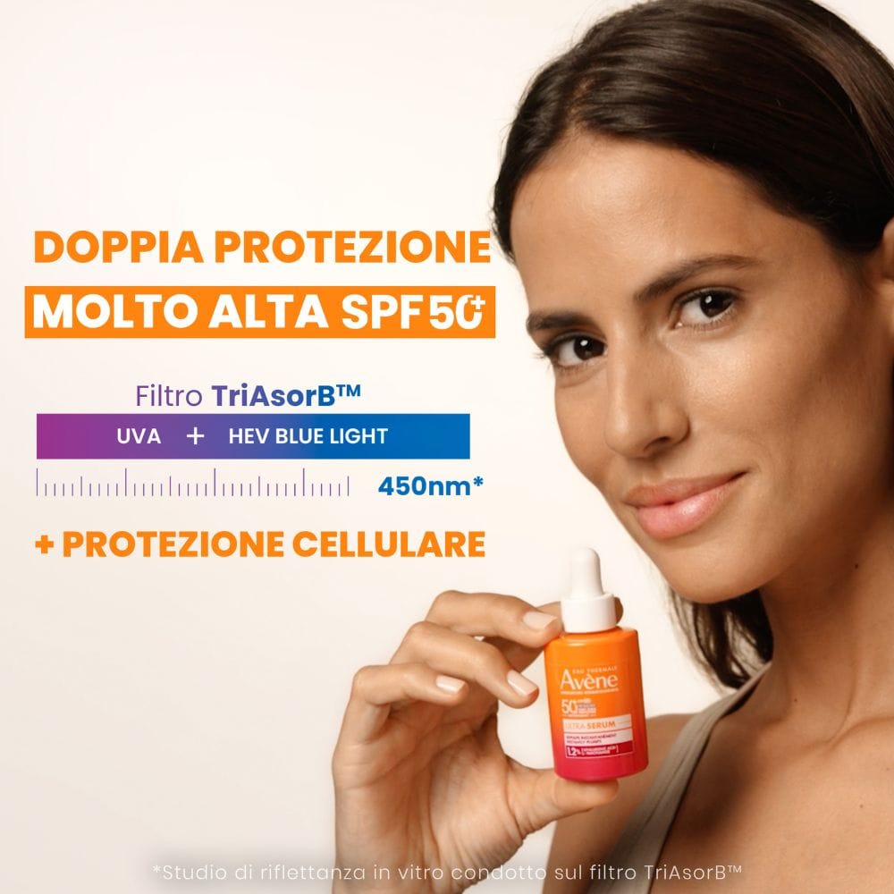 Eau Thermale Avène Ultra Siero SPF50+, Rimpolpa Immediatamente, Protezione solare viso molto alta, con Acido Ialuronico e Niacinamide, 30ml