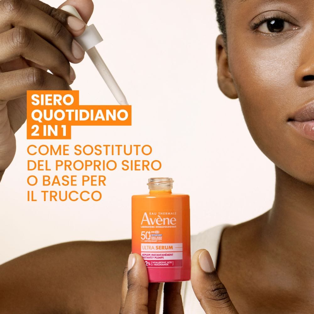 Eau Thermale Avène Ultra Siero SPF50+, Rimpolpa Immediatamente, Protezione solare viso molto alta, con Acido Ialuronico e Niacinamide, 30ml