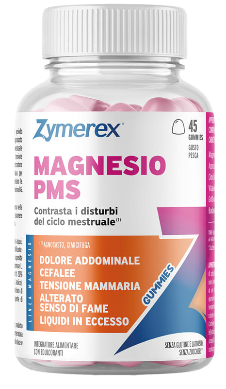 ZYMEREX MAGNESIO PMS 45 GUMMIES GUSTO PESCA CON EDULCORANTI SENZA ZUCCHERI SENZA GLUTINE SENZA LATTOSIO