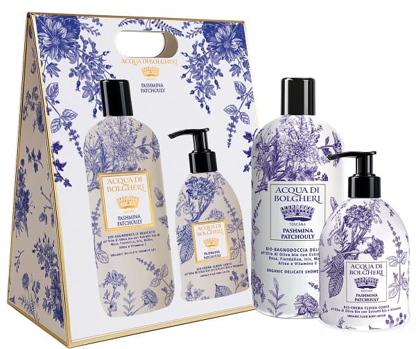PASHMINA PATCHOULY COF BAG BIO BAGNODOCCIA DELICATO ALL'OLIO DI OLIVA BIO + BIO CREMA FLUIDA CORPO ALL'OLIO DI OLIVA BIO