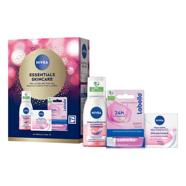 NIVEA ESSENTIALS SKINCARE KIT 2025 STRUCCANTE OCCHI BIFASICO ILLUMINANTE 125 ML + CREMA GIORNO NUTRIENTE 24H IDRATAZIONE 50 ML + LABELLO SOFT ROSE' 5,5 ML