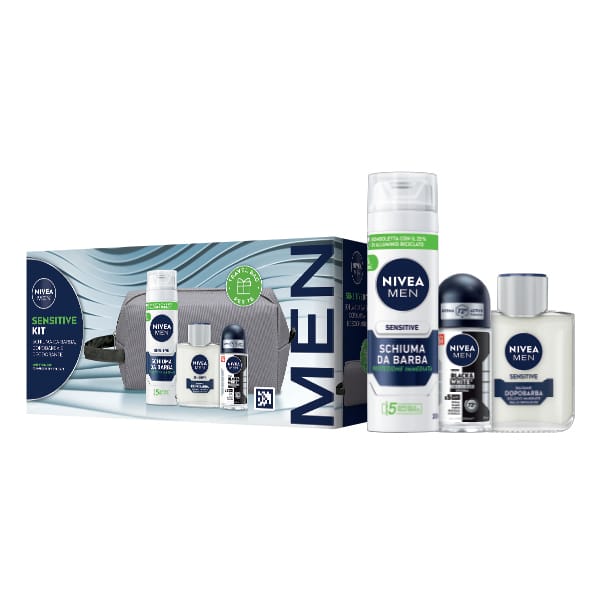 Nivea Men Sensitive Kit 2025 Schiuma Barba 200 Ml + Balsamo Barba 100 Ml + Deo Aid Black & White Roll On 50 Ml