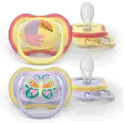 PHILIPS AVENT SUCCHIETTI AIR 0-6M GIALLO CON PAPPAGALLO VIOLA CON FARFALLA 2 PEZZI