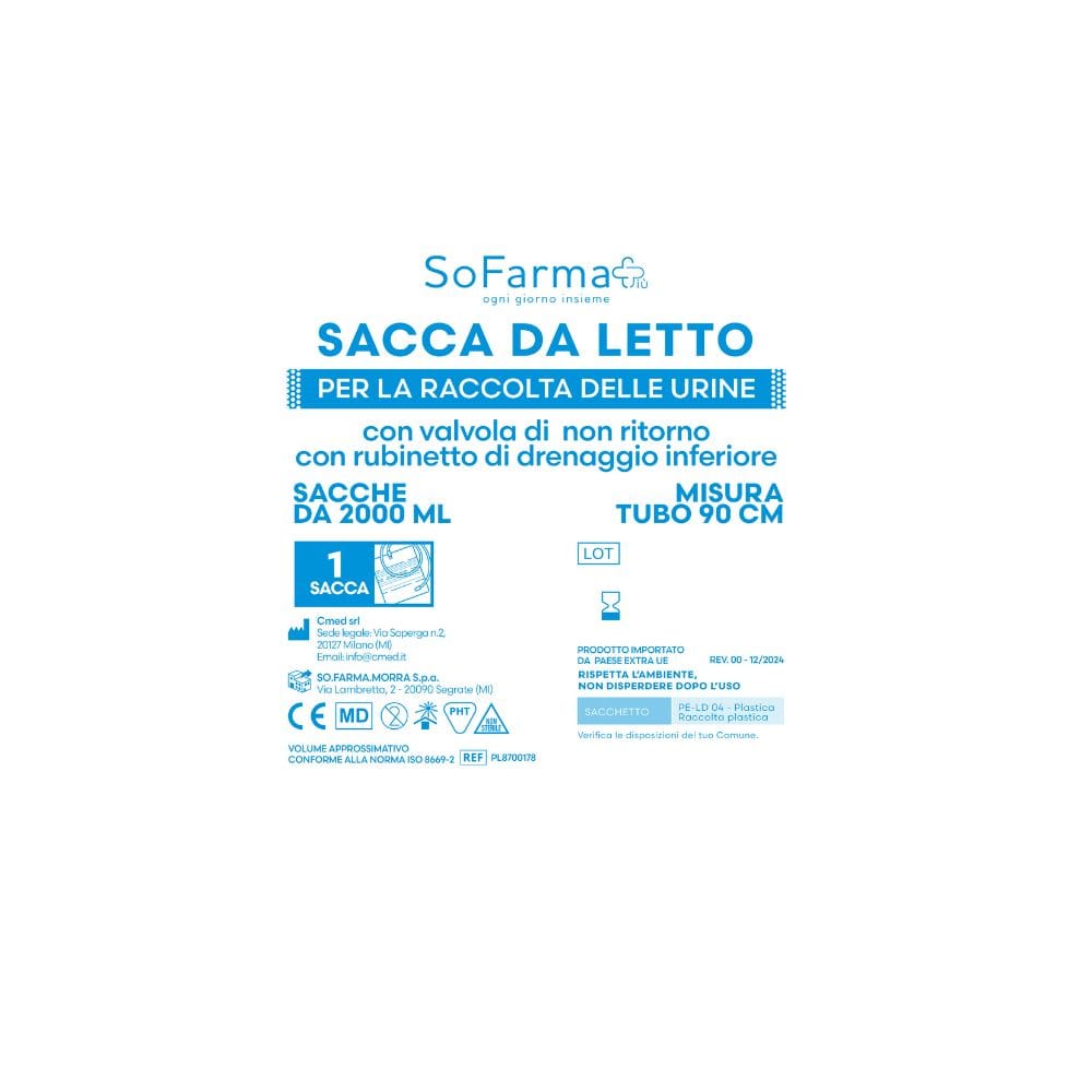 SACCA URINA SOFARMAPIU' 2 LITRI CON VALVOLA DI NON RITORNO RUBINETTO DRENAGGIO INFERIORE TUBO 90 CM