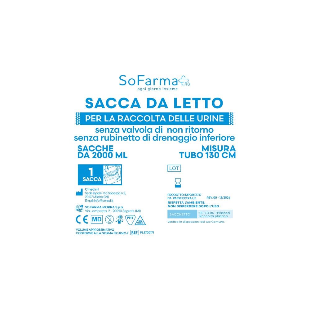 SACCA URINA SOFARMAPIU' 2 LITRI SENZA VALVOLA DI NON RITORNO SENZA RUBINETTO DRENAGGIO INFERIORE TUBO 130 CM
