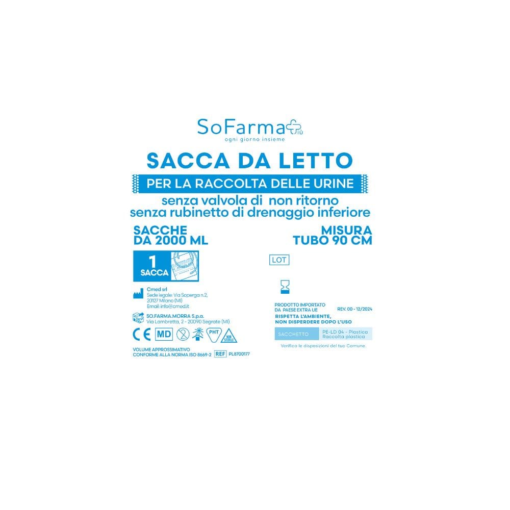 SACCA URINA SOFARMAPIU' 2 LITRI SENZA VALVOLA DI NON RITORNO SENZA RUBINETTO DRENAGGIO INFERIORE TUBO 90 CM