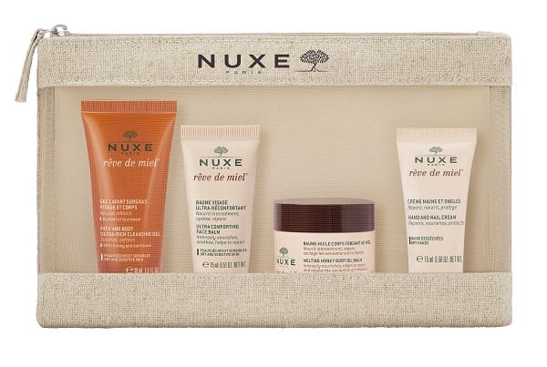 NUXE TROUSSE VOYAGE REVE DE MIEL 2026 FACE AND BODY ULTRA RICH CLEANSING GEL 30 ML + ULTRA COMFORTING FACE BALM 15 ML + MELTING HONEY BODY OIL BALM 30 ML + HAND AND NAIL CREAM 15ML