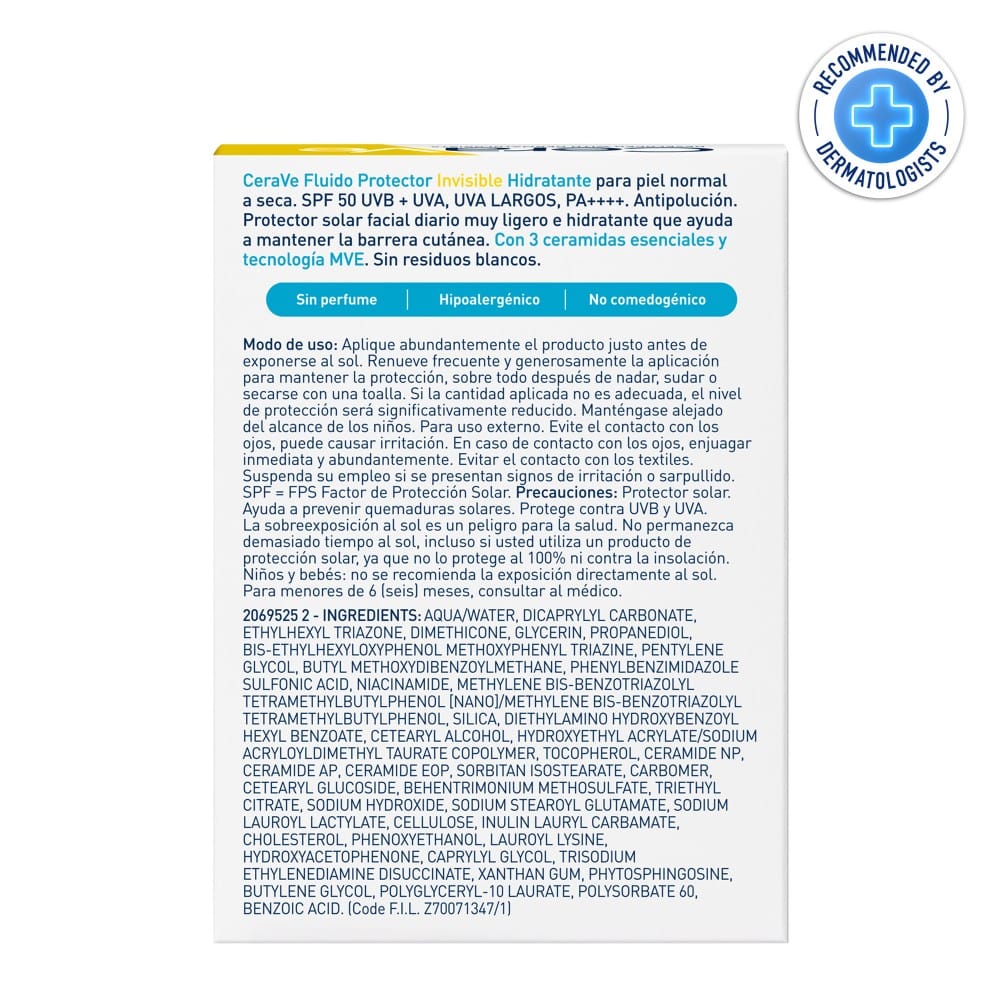 CeraVe Fluido Protezione Solare Idratante Invisibile SPF50, protezione alta, texture leggera invisibile sulla pelle, per pelle da normale a secca, 50ml