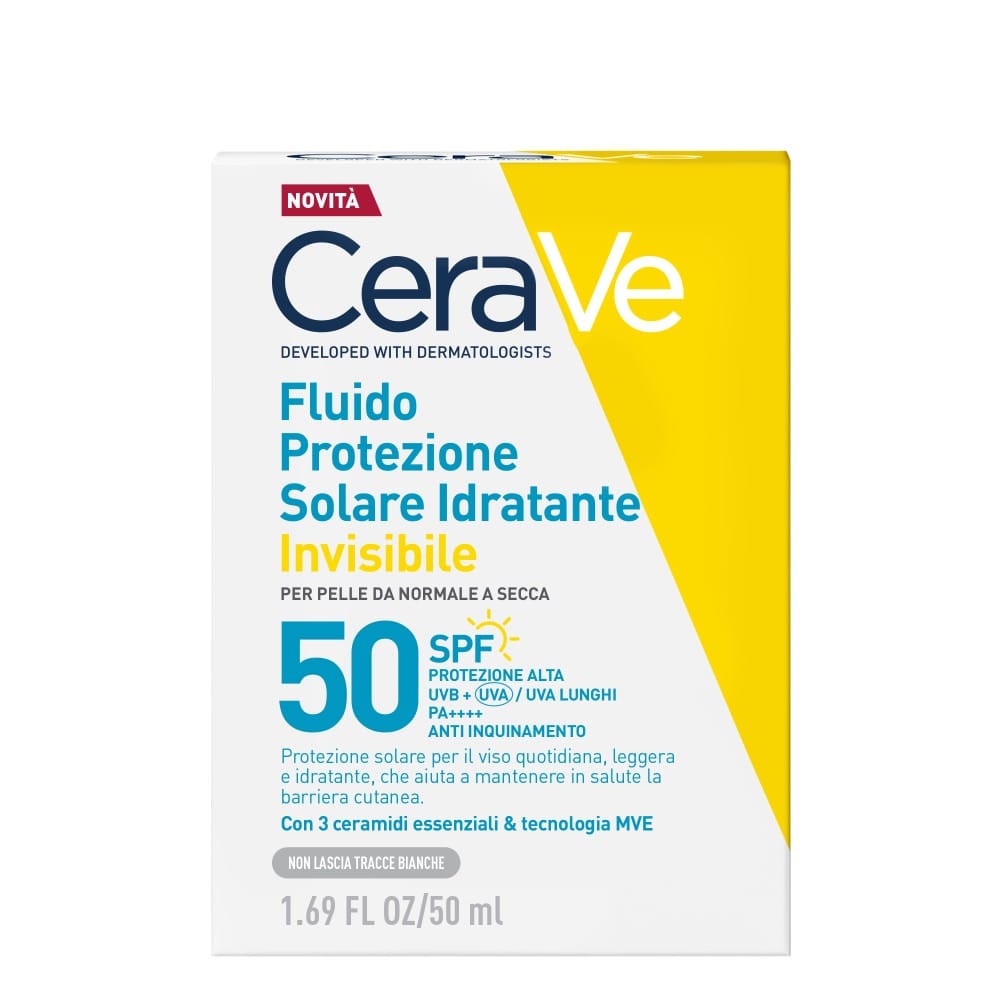 CeraVe Fluido Protezione Solare Idratante Invisibile SPF50, protezione alta, texture leggera invisibile sulla pelle, per pelle da normale a secca, 50ml