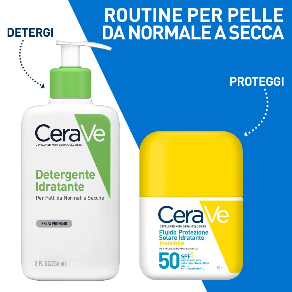 CeraVe Fluido Protezione Solare Idratante Invisibile SPF50, protezione alta, texture leggera invisibile sulla pelle, per pelle da normale a secca, 50ml