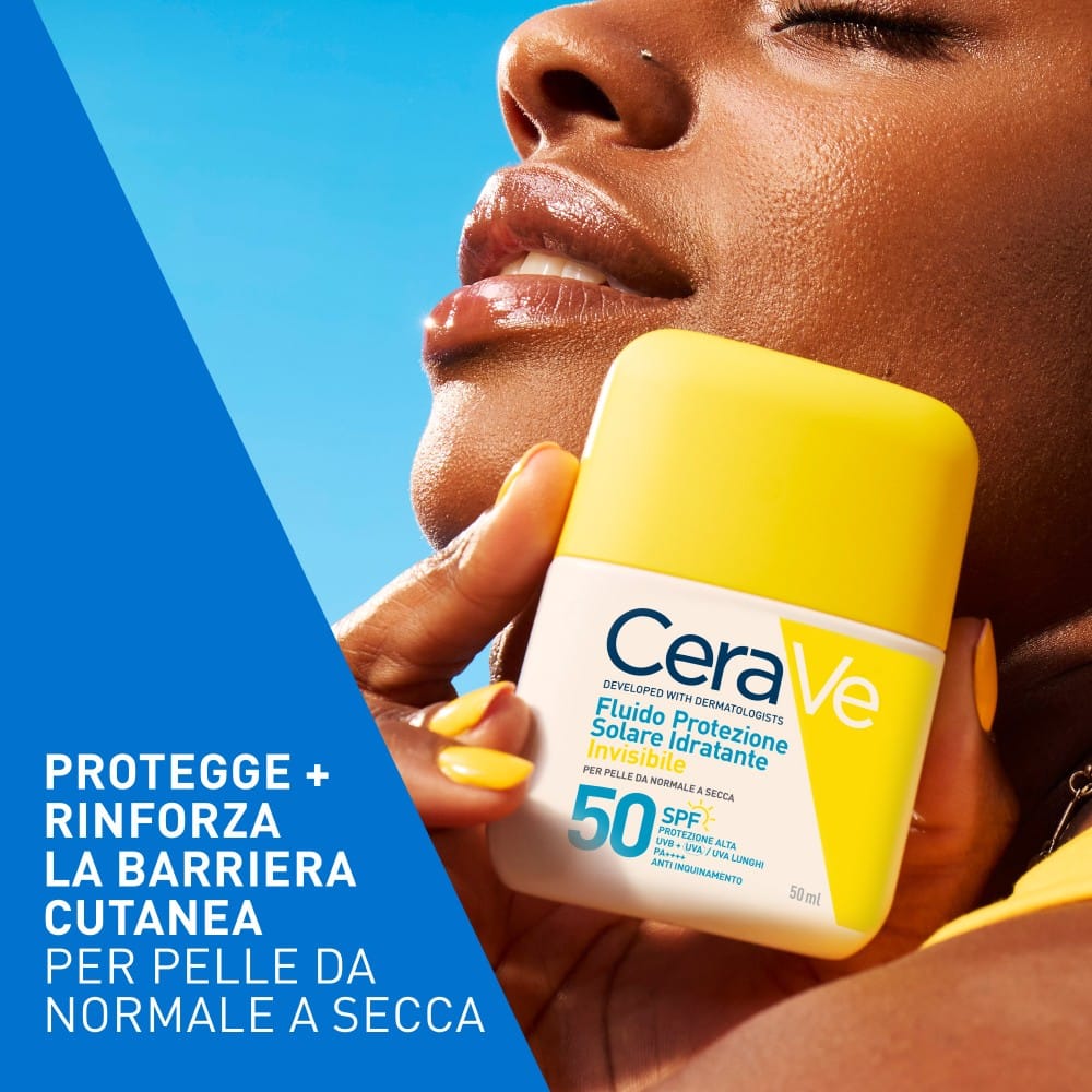 CeraVe Fluido Protezione Solare Idratante Invisibile SPF50, protezione alta, texture leggera invisibile sulla pelle, per pelle da normale a secca, 50ml