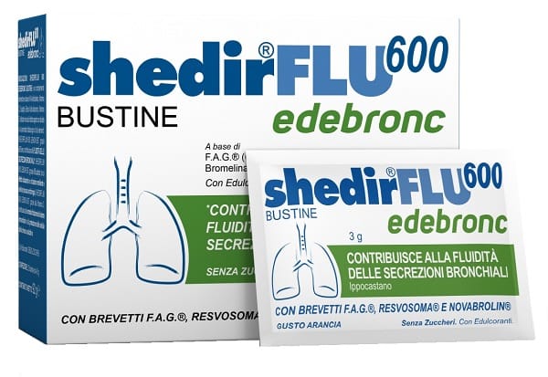 SHEDIRFLU 600 EDEBRONC 20 BUSTINE DA 3 G GUSTO ARANCIA, SENZA GLUTINE, NATURALMENTE PRIVO DI LATTOSIO, SENZA ZUCCHERI, CON EDULCORANTE