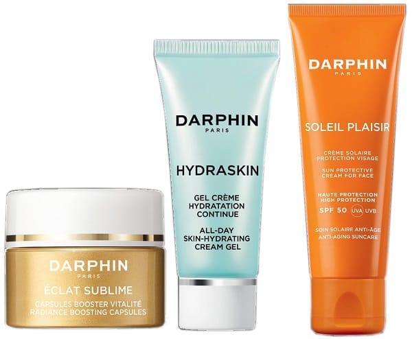 DARPHIN PARIS LES ESSENTIELS ANTIAGING PROTECTION CON ECLAT SUBLIME RADIANTE BOOSTING CAPSULES + HYDRASKIN ALL DAY SKIN HYDRATING CREAM GEL + SOLEIL PLAISIR SUN PROTECTIVE CREAM