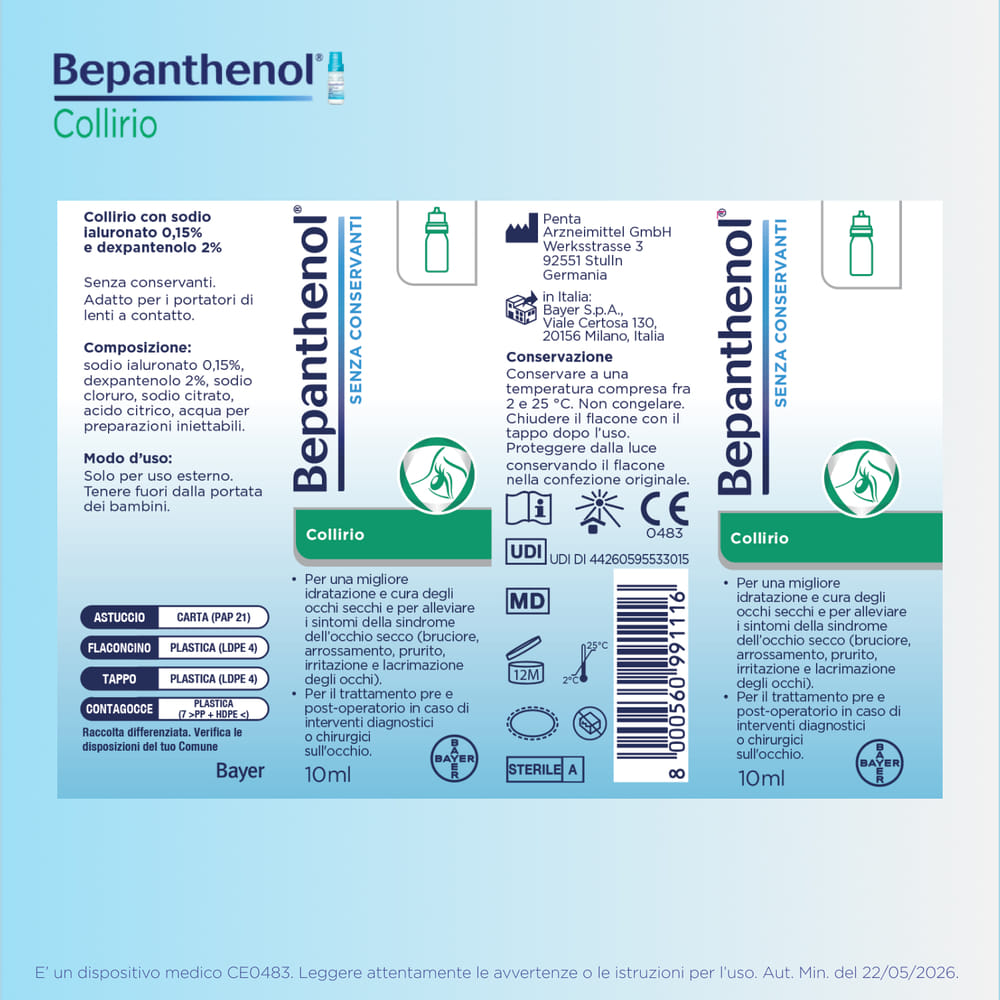  Bepanthenol Collirio - Lacrime artificiali occhi secchi senza conservanti, 10 ml
