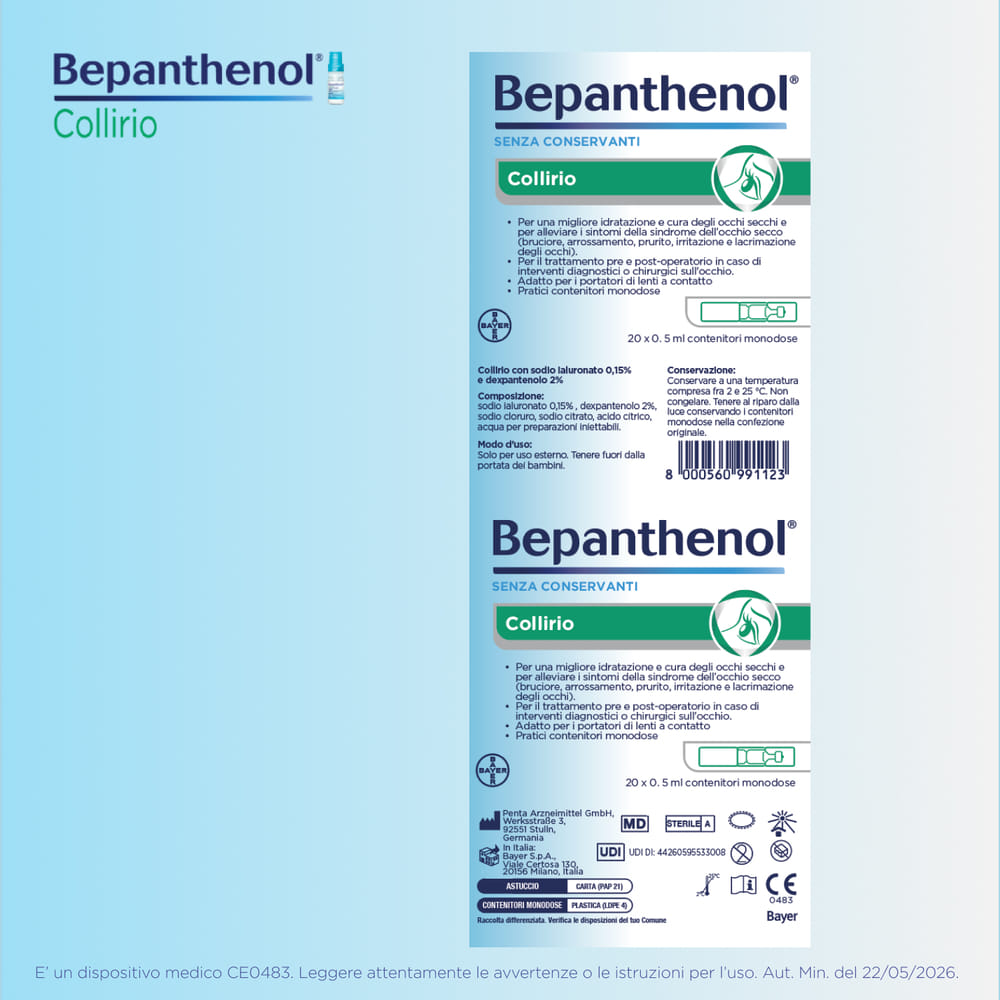 Bepanthenol Collirio Monodose - Lacrime artificiali occhi secchi senza conservanti, 20x0,5ml
