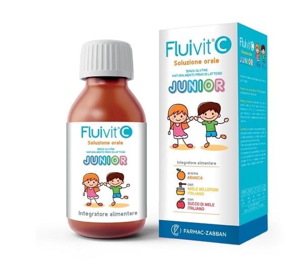 FLUIVIT C JUNIOR SOLUZIONE ORALE 150 ML AROMA ARANCIA CON MIELE MILLEFIORI ITALIANO E SUCCO DI MELE ITALIANO SENZA GLUTINE NATURALMENTE PRIVO DI LATTOSIO