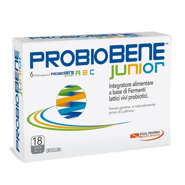 PROBIOBENE JUNIOR 18 STICK OROSOLUBILI DA 1 G SENZA GLUTINE NATURALMENTE PRIVO DI LATTOSIO