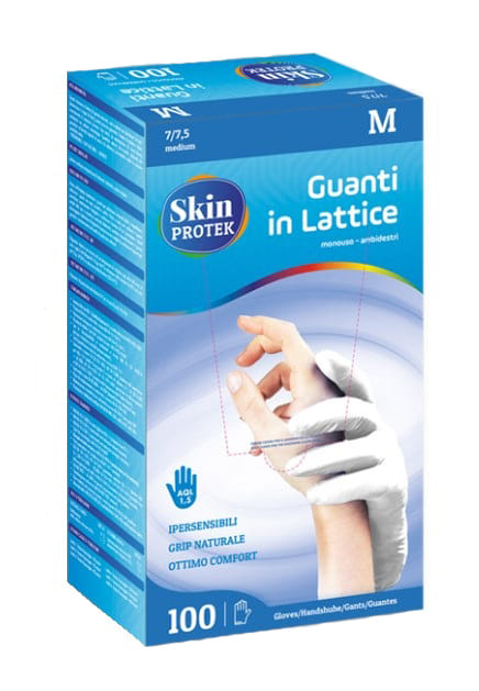 GUANTO NON CHIRURGICO IN LATTICE PROTEX MONOUSO CON AMIDO DI MAIS SKIN PROTEK AMBIDESTRO POLSINO SALVASTRAPPO MISURA MEDIUM 100 PEZZI