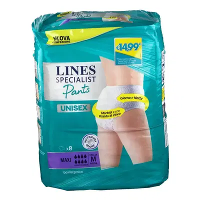 LINES SPECIALIST PANTS MAXI M X 8 PANNOLONE MUTANDINA INDOSSABILE COME NORMALE BIANCHERIA TIPO PULL-ON LINES SPECIALIST PANTS MAXI M X 8 PANNOLONE MUTANDINA INDOSSABILE COME NORMALE BIANCHERIA TIPO PULL-ON