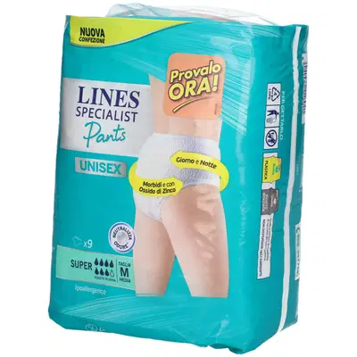 LINES SPECIALIST PANTS SUPER M X 9 PANNOLONE MUTANDINA INDOSSABILE COME NORMALE BIANCHERIA TIPO PULL-ON LINES SPECIALIST PANTS SUPER M X 9 PANNOLONE MUTANDINA INDOSSABILE COME NORMALE BIANCHERIA TIPO PULL-ON