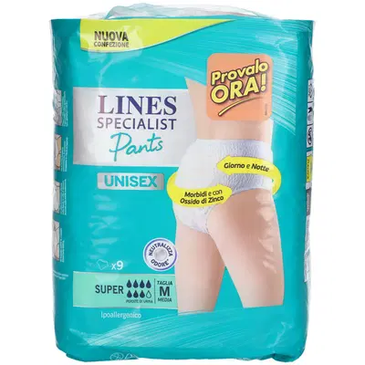 LINES SPECIALIST PANTS SUPER M X 9 PANNOLONE MUTANDINA INDOSSABILE COME NORMALE BIANCHERIA TIPO PULL-ON LINES SPECIALIST PANTS SUPER M X 9 PANNOLONE MUTANDINA INDOSSABILE COME NORMALE BIANCHERIA TIPO PULL-ON