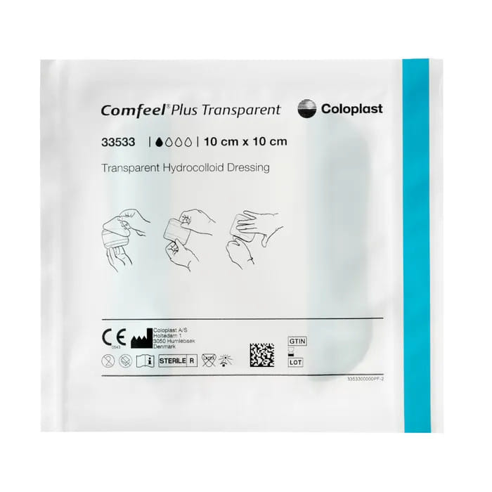 MEDICAZIONE SPECIALE ATTIVA TRASPARENTE CON IDROCOLLOIDE COMFEEL PLUS 10X10 CM 10 PEZZI