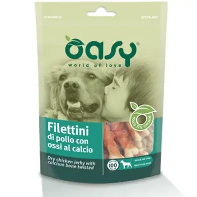 OASY SNACK DOG FILETTINI DI POLLO CON OSSI AL CALCIO 100 G OASY SNACK DOG FILETTINI DI POLLO CON OSSI AL CALCIO 100 G