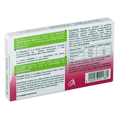 TANTUM VERDE NATURA PROPOLI+C CON ZINCO E VITAMINA C 15 PASTIGLIE GOMMOSE GUSTO FRUTTI DI BOSCO TANTUM VERDE NATURA PROPOLI+C CON ZINCO E VITAMINA C 15 PASTIGLIE GOMMOSE GUSTO FRUTTI DI BOSCO