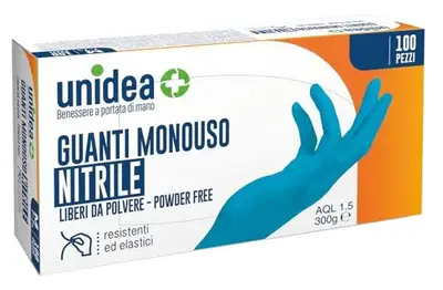 GUANTI IN NITRILE SENZA POLVERE UNIDEA MISURA LARGE 100 PEZZI GUANTI IN NITRILE SENZA POLVERE UNIDEA MISURA LARGE 100 PEZZI