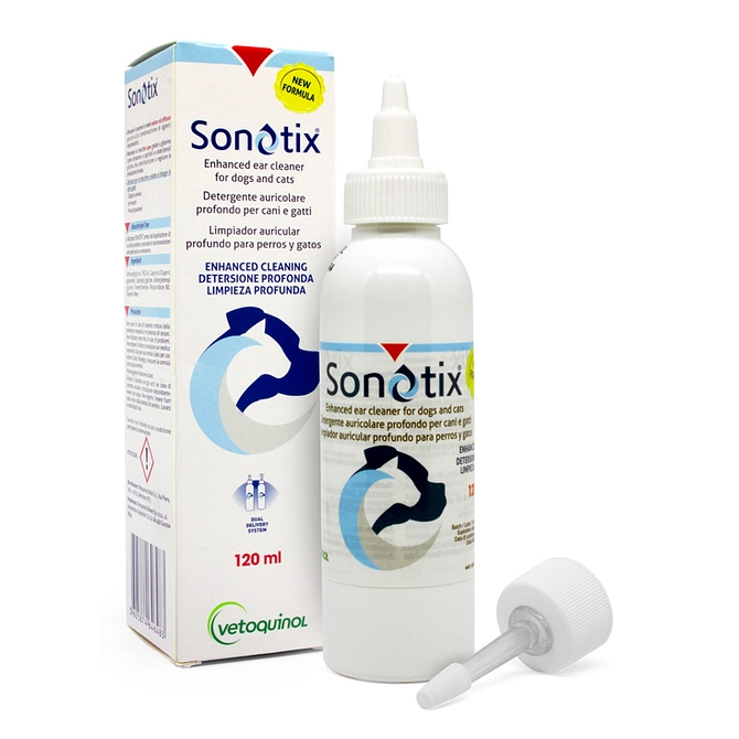 Sonotix Detergente Auricolare Profondo Cani E Gatti 120 Ml + Cannula Corta Rigida + Cannula Lunga Flessibile
