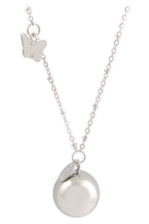 ARGENTOE' COLLANA CON CAMPANELLO CHIAMA ANGELI BOLA MESSICANA RODIATA CON FARFALLA 100 CM