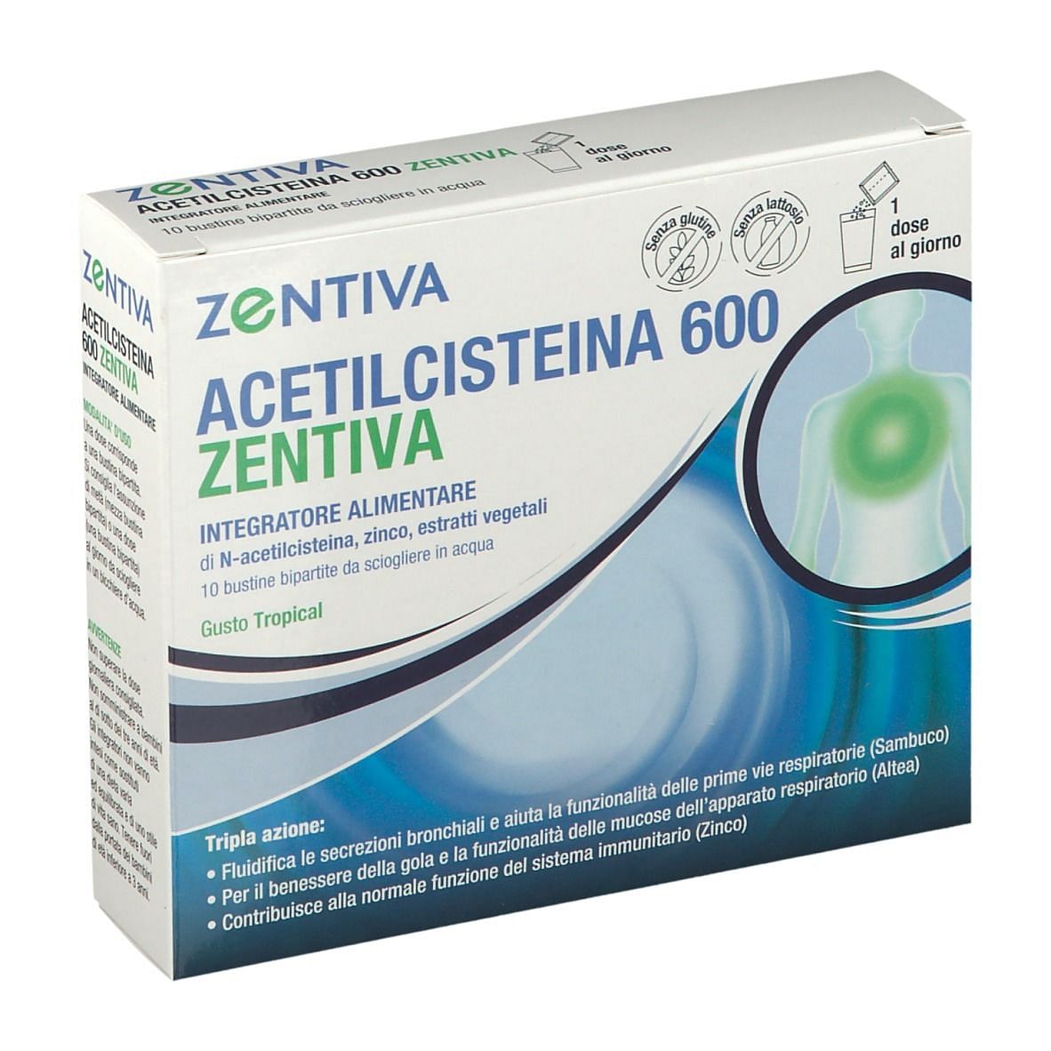 Acetilcisteina 600 Zentiva 10 Bustine Bipartite Gusto Tropical