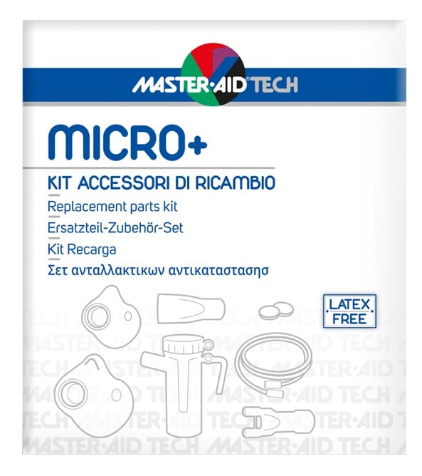 MASTER AID TECH MICRO+ KIT ACCESSORI DI RICAMBIO: AMPOLLA + MASCHERA ADULTI + MASCHERA BAMBINI + 2 FILTRI ARIA + BOCCAGLIO + FORCELLA NASALE + TUBO RACCORDO PVC