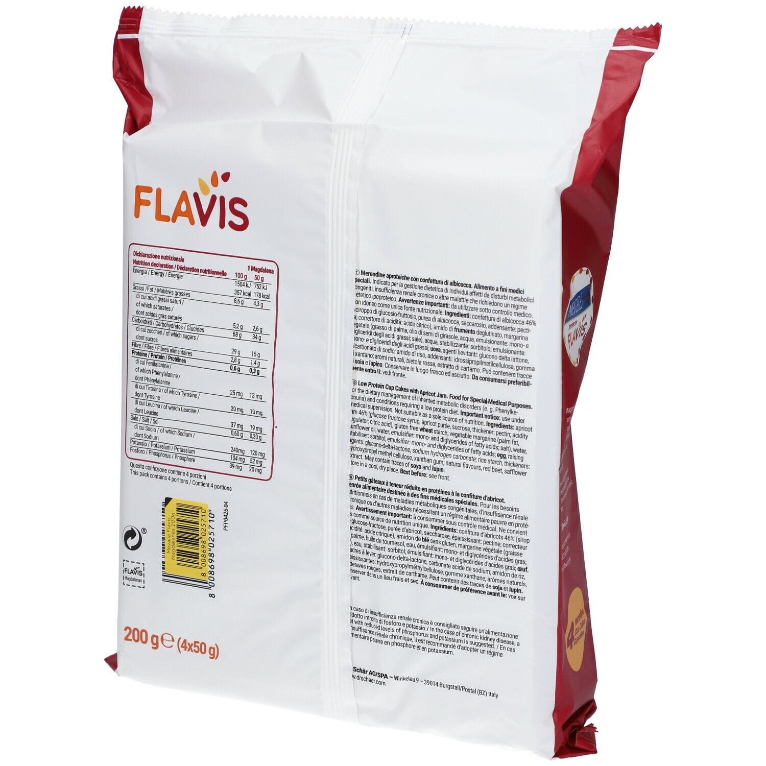FLAVIS MAGDALENAS MERENDINE APROTEICHE CON CONFETTURA DI ALBICOCCA 4 MONOPORZIONI DA 50 G