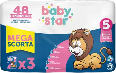 PANNOLINO BABYSTAR MEGASCORTA TAGLIA 5 48 PEZZI PANNOLINO BABYSTAR MEGASCORTA TAGLIA 5 48 PEZZI