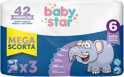 PANNOLINO BABYSTAR MEGASCORTA TAGLIA 6 42 PEZZI PANNOLINO BABYSTAR MEGASCORTA TAGLIA 6 42 PEZZI