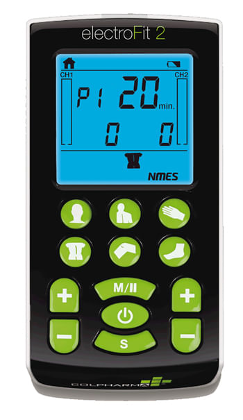 COLPHARMA ELECTROFIT 2 ELETTROSTIMOLATORE MUSCOLARE E TENS A 2 CANALI CON 4 ELETTRODI PICCOLI 40 X 40 MM + CARICABATTERIE + 2 CAVI PER ELETTRODI