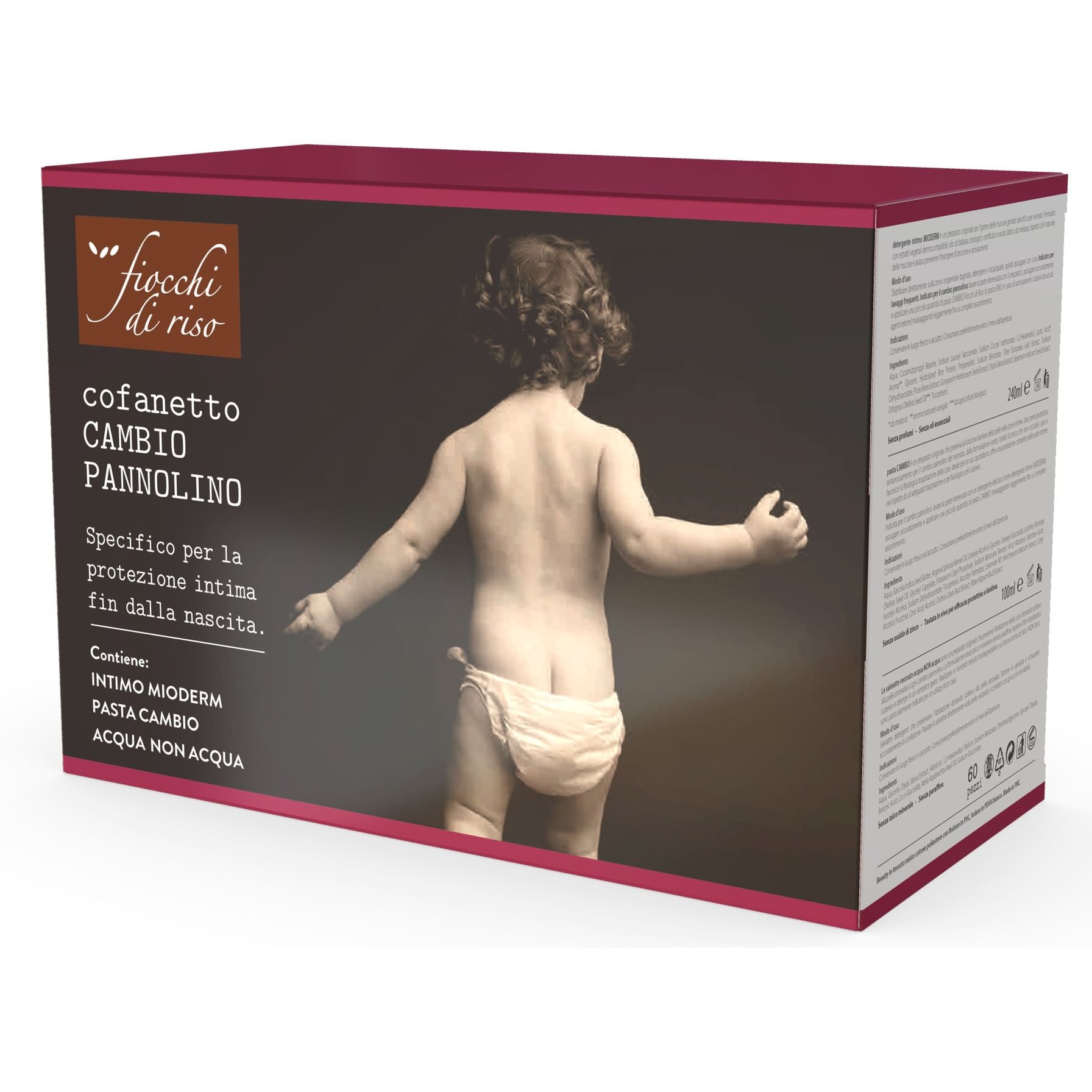 FIOCCHI DI RISO COFANETTO CAMBIO PANNOLINO 1 DETERGENTE INTIMO MIODERM 240 ML + 1 PASTA CAMBIO 100 ML + SALVIETTE ACQUA NON ACQUA 60 PEZZI + BEAUTY