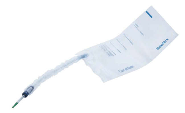 CATETERE VESCICALE AUTOLUBRIFICANTE LIQUICK X-TREME PLUS RIVESTIMENTO IDROFILO CON SACCA RACCOGLI URINA DIAMETRO CH14 LUNGHEZZA 43 CM PUNTA ERGOTHAN 2 FORI SFALSATI 30 PEZZI