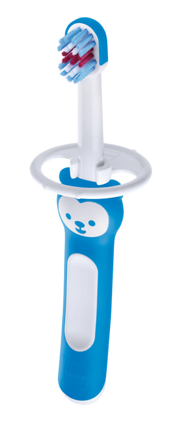 Mam Baby's Brush Spazzolino Denti Neonato In Set Da 2, Spazzolini Per Neonati Con Anello Di Sicurezza, Impugnatura Corta Specifica Per Denti Da Latte, 6+ Mesi, Azzurro, Blue, 2 Unità,-image