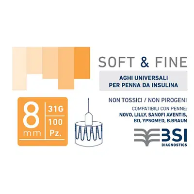 AGO PER PENNA DA INSULINA SOFT&FINE 31 GAUGE 8 MM 100 PEZZI AGO PER PENNA DA INSULINA SOFT&FINE 31 GAUGE 8 MM 100 PEZZI